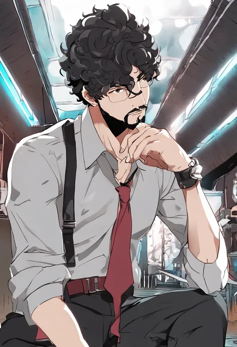 anime type, south Indian youngster, 25year old, black curly hair, brown eyes, black shirt, whitish pant, Occupation: podcaster, light beard and mustache, looking at viewers, Watch in right hand, silver bracelet in left.