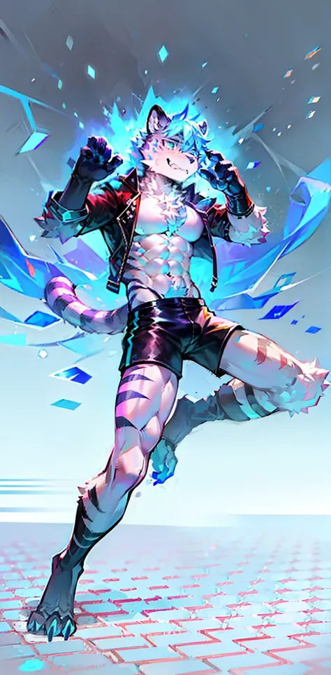 (solo person，Male tiger，Mature male，Abs)，the white tiger，((blue colors，White fur color))，Blue pupil，Tech black shoulderless leather jacket,werecreature，((独奏))，((with black background))，((Stand up))，（Be wary of demonstrations），serious-expression，Sharp eyes，...