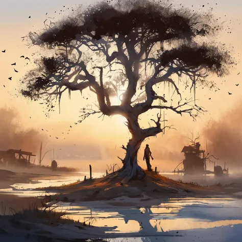 Two crows on a dead tree, A shadow shaped like a walker, Starry night, Thick fog on the ground, Blue light on the horizon, Unreal Engine 5, Cinematic, low angle photography, Motion blur, Depth of field, Dust, Cobblestones and dirt. Splash Art, dripping pai...