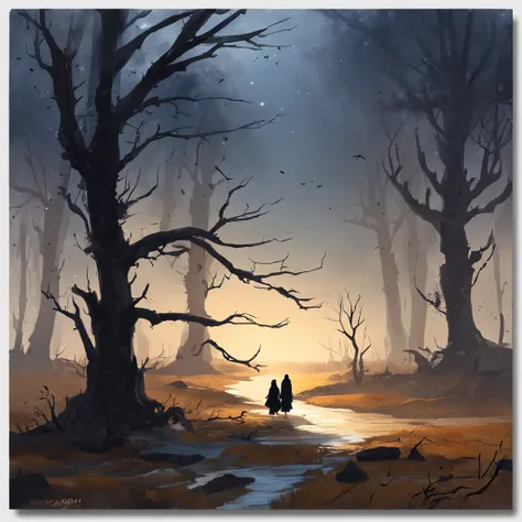 Two crows on a dead tree, A shadow shaped like a walker, Starry night, Thick fog on the ground, Blue light on the horizon, Unreal Engine 5, Cinematic, low angle photography, Motion blur, Depth of field, Dust, Cobblestones and dirt. Splash Art, dripping pai...