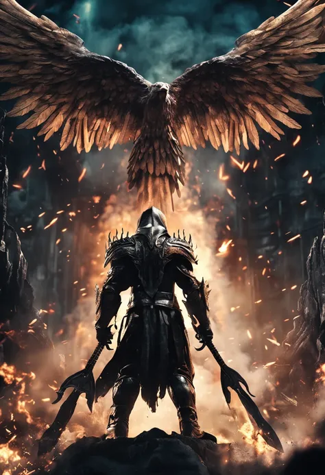 Realistic, 4K, Angels with big wings, Black clothes, one sword, Hood on head in war background image (chaos)