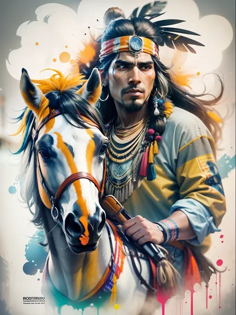 arte vetorial, Colorful graffiti illustration, Apache Indian on horse, no centro, cores brilhantes, respingos de tinta e manchas, High detail, fundo branco