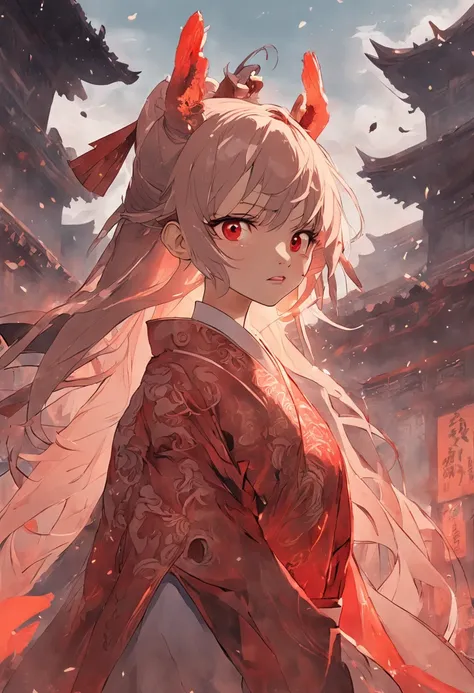 A city in ruins, Partially demolished buildings, with reddish sky with some clouds and golden sunlight behind. Sem pessoas na imagem,Longhaired Beauty，Tall and tall，Tang dynasty，Ancient China，Red eyes，The eyes are cold and evil，Chinese face，Impeccable，deli...