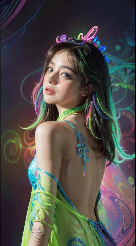 (masterpiece, top quality, best quality, official art, beautiful and aesthetic:1.2), (1girl:1.3), extremely detailed,(fractal art:1.2),colorful,highest detailed,( zentangle neon:1.2), (dynamic pose), (abstract background neon:1.5), (treditional dress:1.2),...