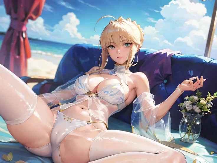 (Masterpiece:1.4), (Best quality:1.4), Realistic, 1girll,gigantic cleavage breasts，Artoria Pendragon (fate) , see-through transparent clothes，a white bikini, beach,laying on，spread their legs，tit