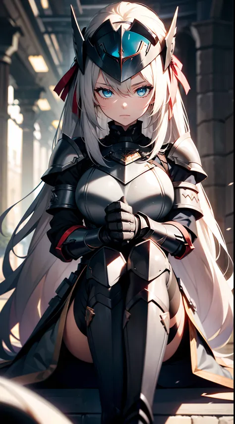 1girl, armor, armored_dress, blue_eyes, blurry, breastplate, depth_of_field, faulds, gauntlets, greaves, hair_ribbon, holding, long_hair, looking_at_viewer, ribbon, sitting, solo, thighhighs, vambraces, very_long_hair, visor_(armor)