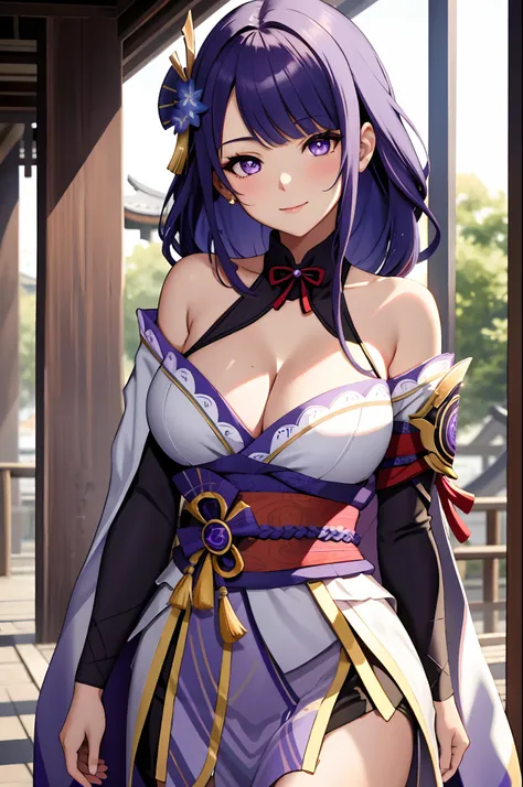 1girll, Bare shoulders,  (Masterpiece:1.4),(Best quality:1.4)genshin，raiden shogun。Large breasts，looks into camera，ssmile，Blush perfect figure