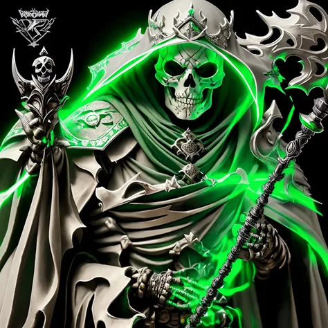 a closeup of a skeleton with a green light on its head, Ish, Rei do Ceifador do Tempo, Rei do esqueleto dos mortos-vivos, Rei Esqueleto, undead lich, Lich Vecna (d&d), Deus masculino bonito da morte, O Rei da Morte, cavaleiro esqueleto, d & d Ish, Ciborgue...