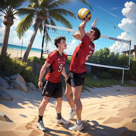 Two boys play volleyball，sandbeach