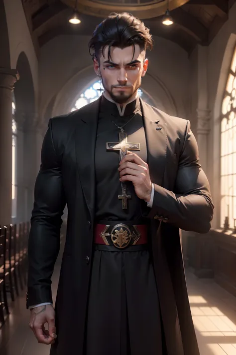 ((beste-Qualit, 8K, tmasterpiece: 1.3)), 1male, priest: 1.3, (Casual hairstyle, Large physique, Orthodox Cross: 1.2), black church cassock: 1.1, evil face, Brutality, hyper-detailing, devil, double eyelids, ssmile, temple