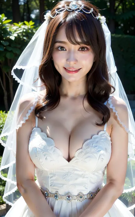 (top-quality、8K、32K、​masterpiece、nffsw:1.2)、Cute Japan woman in her 20s、1girl in、(dark brown  hair)、二重まぶた、(Colossal tits:1.2)、A sexy、((weddingdress、wedding veil))、(Deep slit:1.2)、(sideboob barbosa)、The whole body is visible、(a smile:1.1)