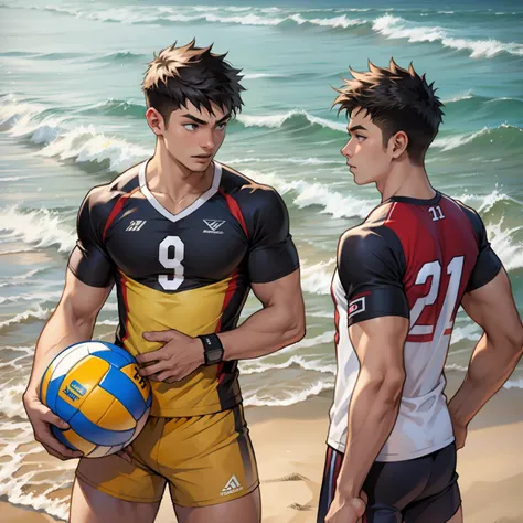 Two boys play volleyball，sandbeach