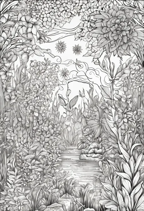 Enchanted gardens coloring pages full of flowers, exotic plants and magical elements in black and white