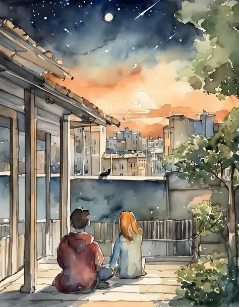 From the roof of the building、Two people sitting on asphalt staring at stars in urban sky,nestle、 a couple, Looking to the stars, Night, Night - hour, Simple illustration, during night, Linear illustration, looking at the stars, Night time, Together, handd...