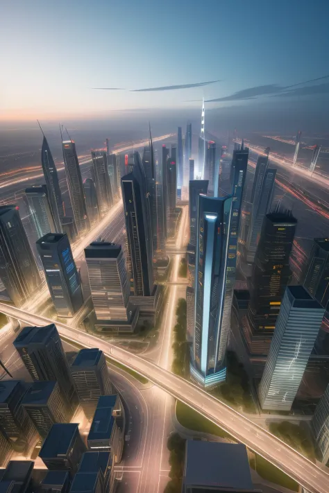 Frenzied cityscape of highways and highways at night, author：Chass is silent, Dubai, beeple rendering, inspired by Cheng Jiasui, inspired by Zha Shibiao, shenzhen, with tall glass skyscrapers, foster and partners, rendered in corona, cgi rendering, 3 d ren...