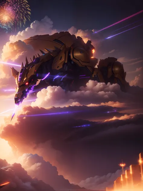 In the clouds there is a dark golden mech warrior，Floating，Laser sword in hand，Shoulder ion cannon，Lilac fireworks erupted from the feet，On the chest of the mecha was a dragon head with red eyes