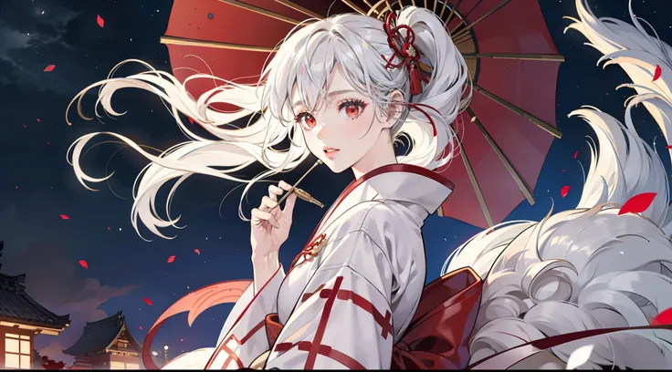 A girl wearing a Japanese kimono，Long silver-white hair，Red eyes，Kimono with white，The feeling of the wind blowing，the night，Lights in the distance，Cinematic lenses，Light，atmosphere，Drawing，Full-HD，Ultra detailed，Meticulous drawing，