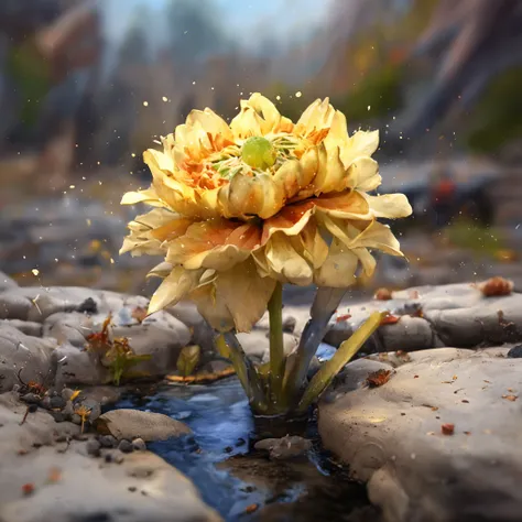 A withering flower with monotonous colors, Starry night, Thick fog on the ground, Blue light on the horizon, Unreal Engine 5, Cinematic, low angle photography, Motion blur, Depth of field, Dust, Cobblestones and dirt. Splash Art, dripping paint. Carel Appe...