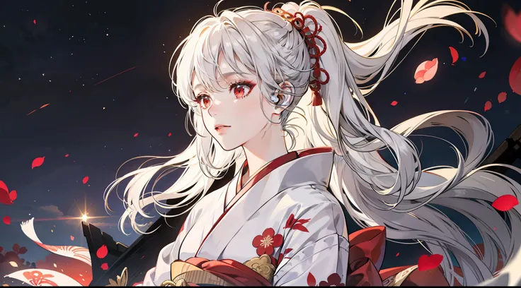 A girl wearing a Japanese kimono，Long silver-white hair，Red eyes，Kimono with white，The feeling of the wind blowing，the night，Lights in the distance，Cinematic lenses，Light，atmosphere，Drawing，Full-HD，Ultra detailed，Meticulous drawing，