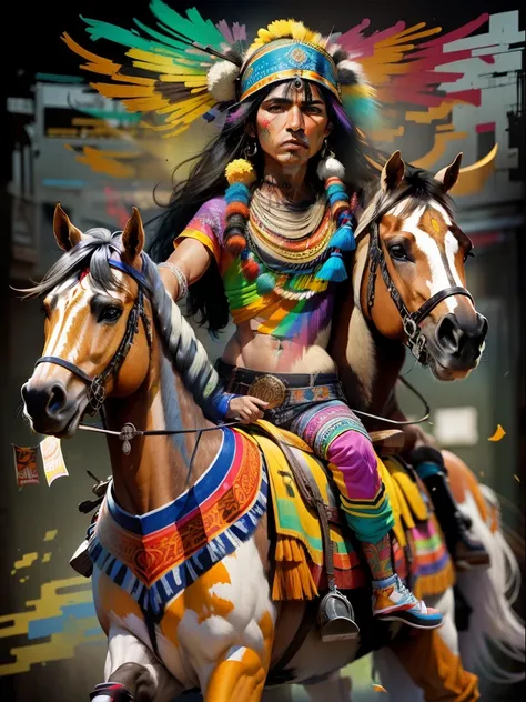 arte vetorial, Colorful graffiti illustration, india apache on horse ,no centro, cores brilhantes, respingos de tinta e manchas, High detail, fundo preto