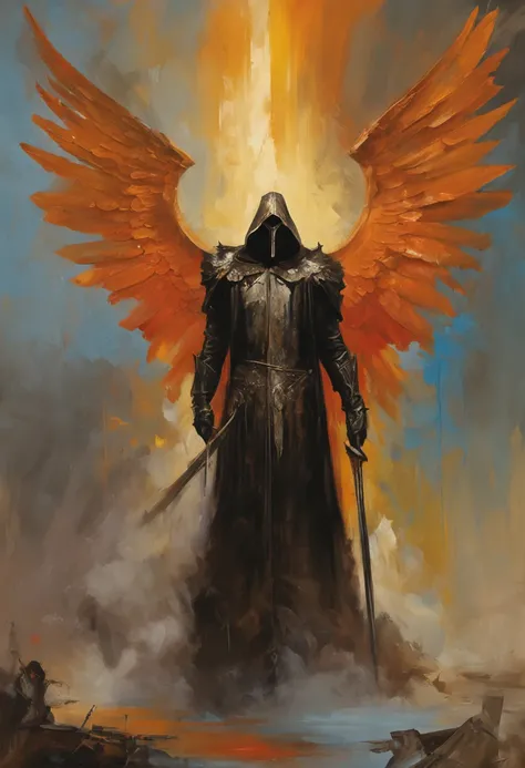 Realistic, 4K, Angels with big wings, Black clothes, one sword, Head hood in war background image (chaos)