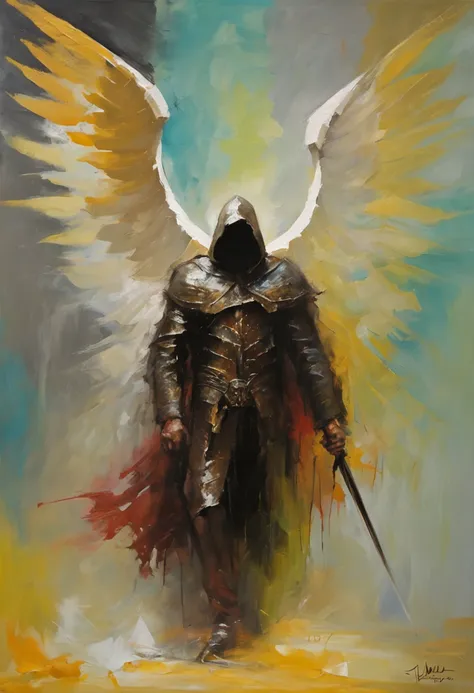 Realistic, 4K, Angels with big wings, Black clothes, one sword, Head hood in war background image (chaos)