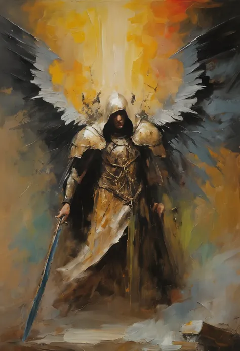 Realistic, 4K, Angels with big wings, Black clothes, one sword, Head hood in war background image (chaos)