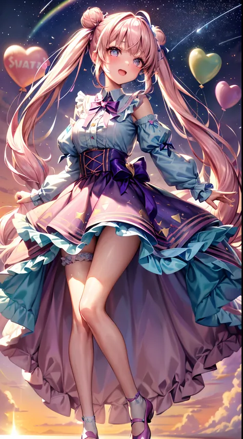 (fullbody, legs and shoes visible: 1.2)) expressive eyes, 1girl, pale skin, long hair, windblown hair, ((absurdly long hair)), long sidelocks, hime bangs, hair fringe, hair bun, ((very long twintails)), iridescent hair, light pink hair, blushing, full face...