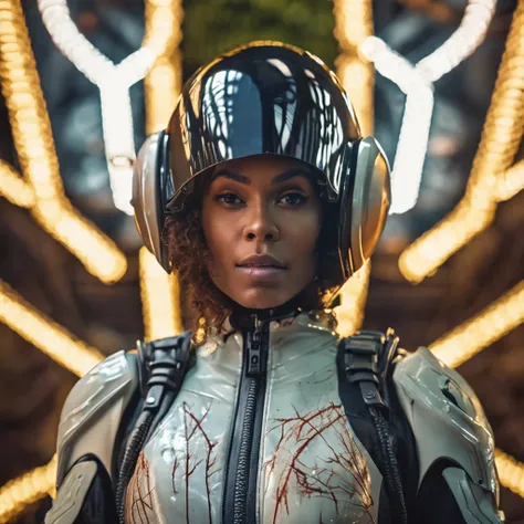 android, (bamboo forest:1), (Adult Spanish woman:1.6), (polyvinyl Jacket With Rivets:1.3), astro helmet (open zipper:1.5), (sexy:1.5), (erotic:1.5), (afro hairstyle:1.6), best quality, sunlight, detailed face, gorgeous eyes, realistic skin details, high qu...