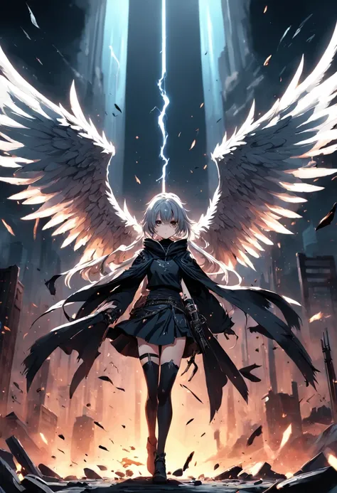 Realistic, 4K, Angels with big wings, Black clothes, one sword, Hood in war background image (chaos)