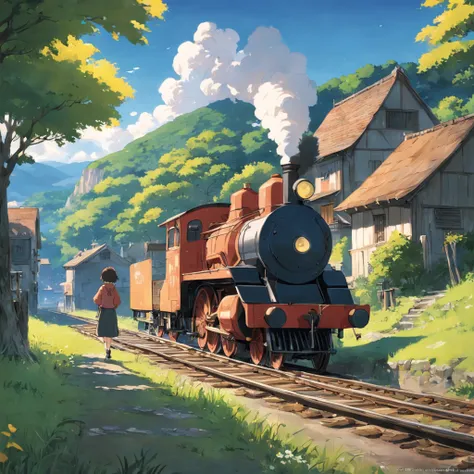 rural village, with locomotive passing by, studio ghibli scenery, perfect, best quality, best art, girl with short brown hair (high detailed:1.4) 8K