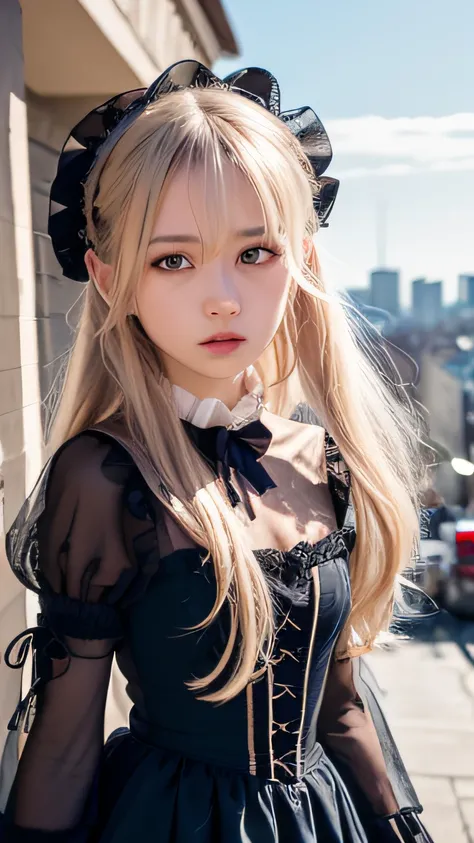 (masutepiece, Best Quality:1.2), 8K, 85 mm, Official art, silber hair,Raw photo, absurderes, Platinum Blonde Hair, (Blue eyes, Lolita Fashion, sweetlolita, Gothic, Dress:1.2),  looking at viewer、Idol face, cowboy  shot, Beautiful Girl, gardeniass, Copenhag...