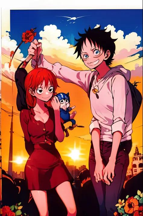 Makima, monkey d luffy, couple ,Lovey Dovey,, , ,, 1boy+1GIRL, couple, subrealist, sky , tulipan, nighte