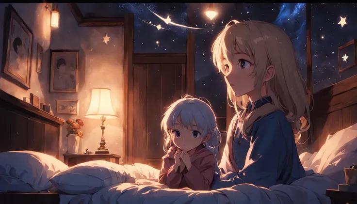 in a cozy home nestled under the night sky, a father named Ethan sat beside his wide-eyed child, Luna. The room was dimly lit, and the only source of light was the twinkling stars that adorned the ceiling.