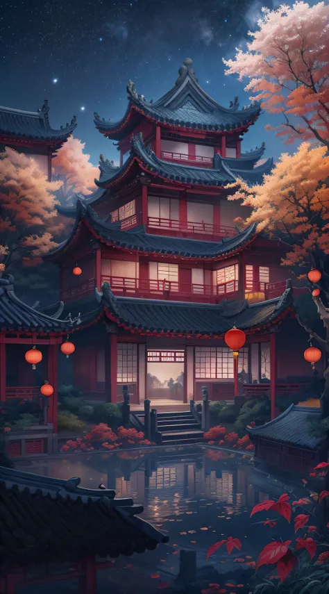 Rendering in surreal CG ancient China，Jiangnan ancient buildings and ancient towns have Yaolin wonderland。the night，The stars are bright，The smoke is fascinating，Maple leaves and milk leaves are trees。snow landscape。k hd