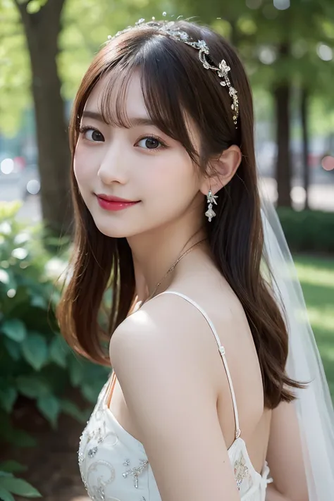 (top-quality、8K、32K、​masterpiece、nffsw:1.2)、Random posture、(extremely delicate and beautiful work)、(​masterpiece)、One girl、Highly Detailed Elegant Wedding Dresses、tiarra、veils、A highly detailed、A charming expression、Beautiful and clear eyes、Green pupil、del...