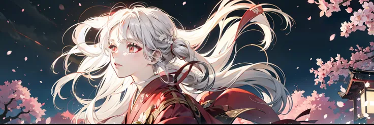 Girl in Japanese kimono，long layered silvery white hair，Long hair scattered，Long fluffy hair，red color eyes，Kimono with white，The feeling of the wind blowing，the night，Lights in the distance，Scattered cherry blossoms，Cinematic lenses，Light，atmosphere，Drawi...