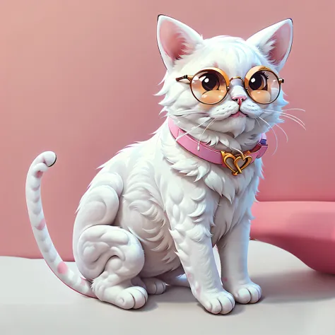 a cute white cat wearing trendy pink sunglasses, white background, white borders, sticker