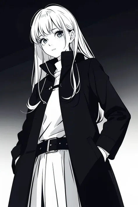 1girl，nightcity，Sateen，coat large，Put your hands in your pockets，black and white manga style，Black and white tones