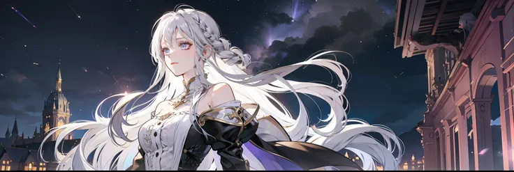 A maiden in a European castle，long layered silvery white hair，Long hair scattered，Long fluffy hair，Light purple eyes，Black dress，Shoulders exposed，The feeling of the wind blowing，the night，Lights in the distance，Shooting stars streak across the sky，Cinemat...