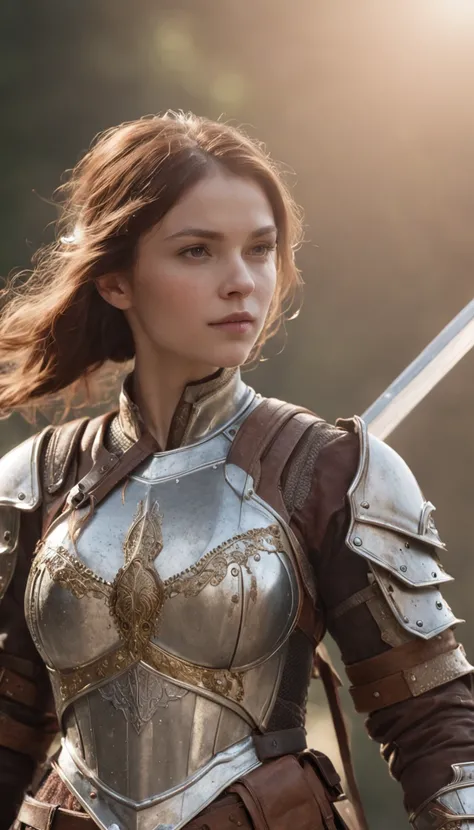 ((masterpiece)), (((best quality))), ((ultra-detailed)), ((illustration)),[realism light effect],shadow,A female knight，armour，giant sword，noble，Shine with light，(white backgrounid:1.5)