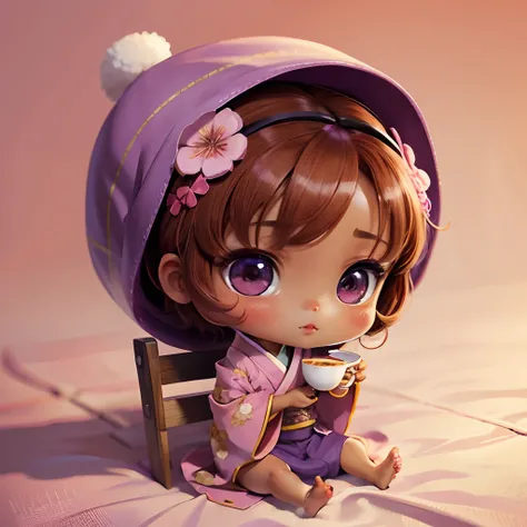 Cute brown skinned baby chibi anime, purple and pink kimono, sit in tea cup