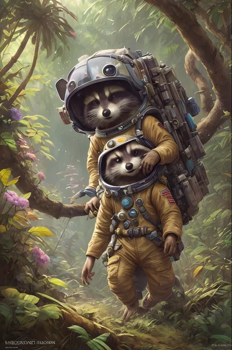 cute racoon astronaut walk in wild colorfully jungle, oversaturated, by Jean-Baptiste Monge, Gilles Beloeil, Tyler Edlin, Marek Okon, Pixar, 8k, album art, comic style, golden ratio, perfect composition, a masterpiece, trending on artstation, purple fur