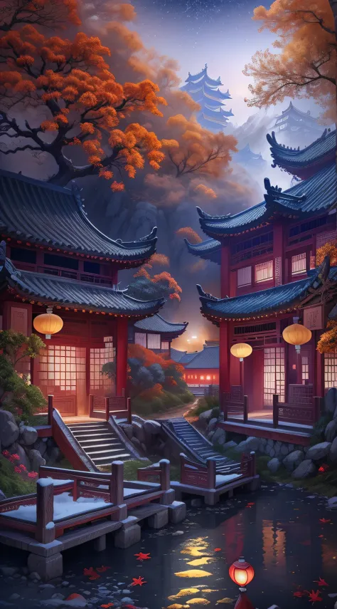 Rendering in surreal CG ancient China，Jiangnan ancient buildings and ancient towns have Yaolin wonderland。the night，The stars are bright，The smoke is fascinating，Maple leaves and milk leaves are trees。snow landscape。k hd