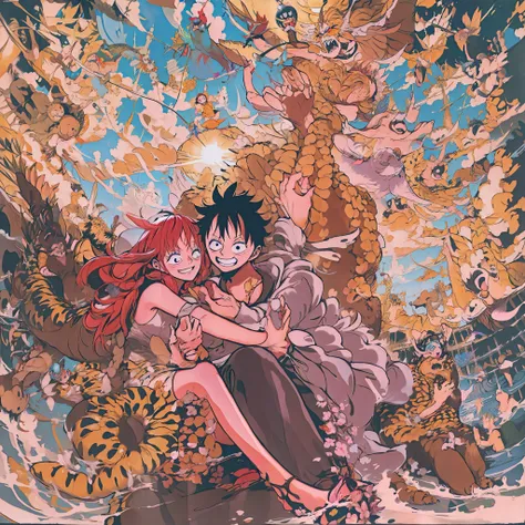 makima, monkey d luffy, couple ,lovey dovey,, , ,, 1boy+1girl, couple, subrealist, sky , tulipan, nighte, psychedelic