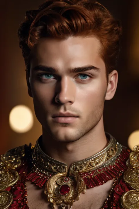 4k, highest resolution, best quality, perfect colors, perfect shadows, perfect lighting, (European red-haired man model, (red eyes), (red shaved face. ), ((cinema portrait)), king wearing a silver steel crown and ruby jewels, (two tone skin), reddish brown...