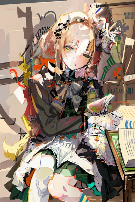 anime girl sitting at table holding book and pen, anime maid ss military, anime girl in a maid costume, lollipop, also, new xian...