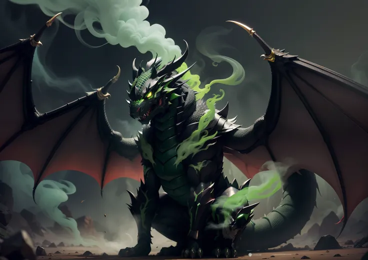 1Black dragon,adicionar veneno na boca, adicionar armadura prata, adicionar asas grandes, dentes afiados, Two paws on the ground, dragons head, veneno verde, demonio, veneno verde, green smoke, Vapor verde, place covered with green smoke, veneno, acid, gos...