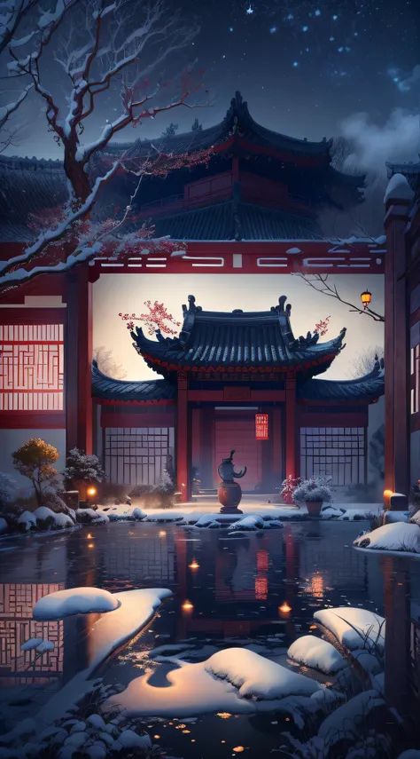 Rendering in surreal CG ancient China，Jiangnan ancient buildings and ancient towns have Yaolin wonderland。the night，The stars are bright，The smoke is fascinating，Maple leaves and milk leaves are trees。snow landscape。k hd