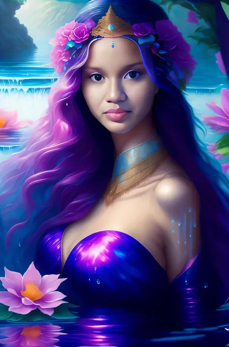 A woman with purple hair and a purple dress is in the water, retrato bonito da arte da fantasia, closeup fantasy with water magic, retrato bonito da fantasia, retrato da arte da fantasia, bela arte de fantasia, retrato da fantasia, Retrato da rainha sereia...